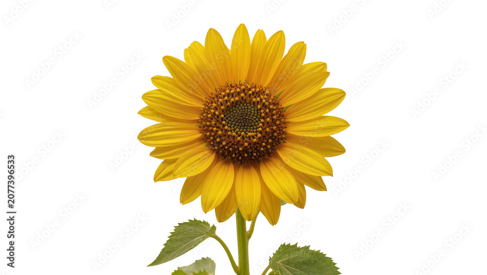 Fototapeta premium Bright yellow sunflower with green leaves and stem