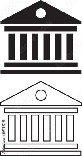 Bank building, courthouse museum icons set. Government finance institution, pillar column architecture symbol. Black filled, outline flat vector.