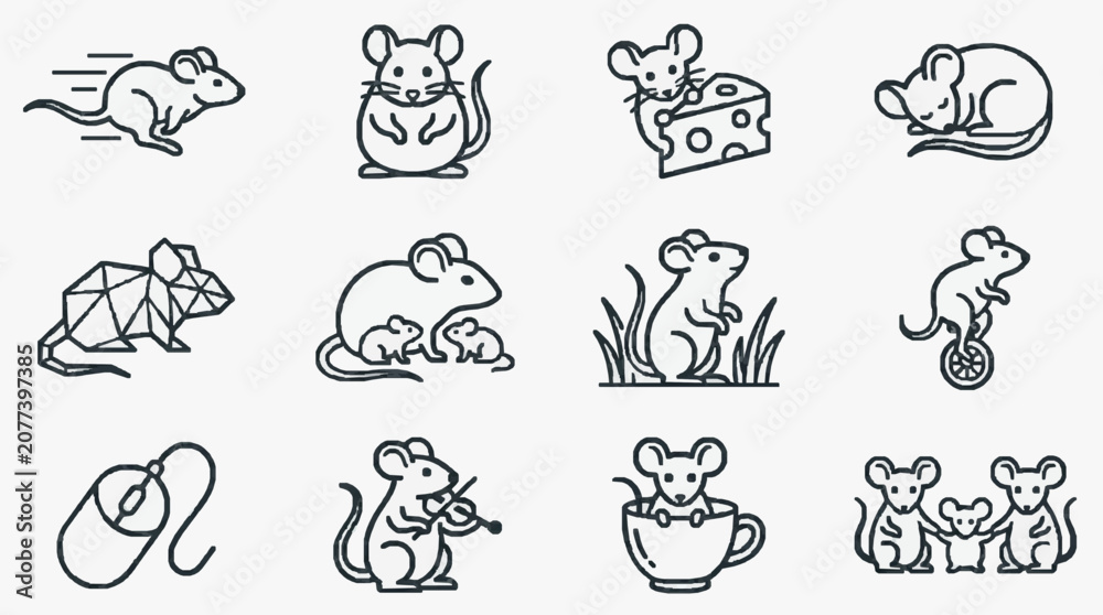 Fototapeta premium Elegant Black and White Line Drawing Set of Whimsical Mice Engaging in Various Activities and Scenes