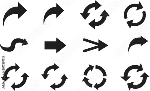 Fotografie Set of black arrow icons including curved straight and circular reload rotation
