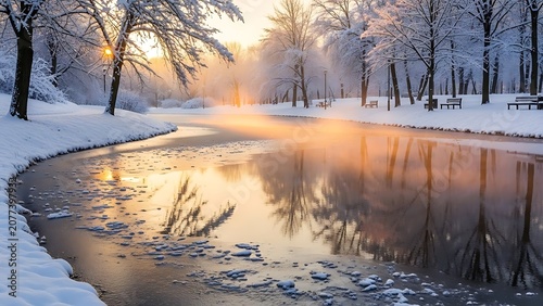 Sunset canoeing on calm river with misty forest.