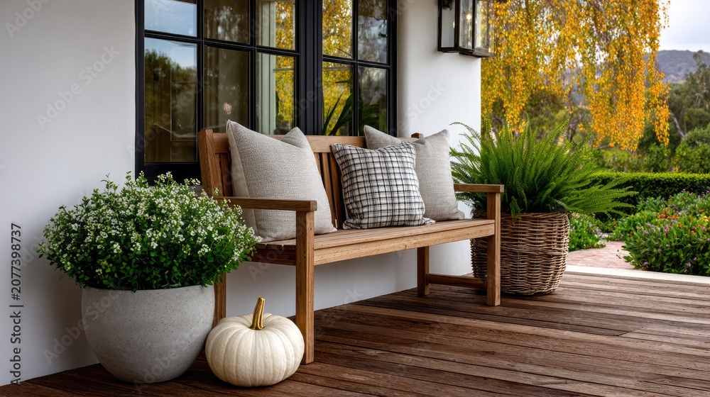 Fototapeta premium Elegant Scandinavian autumn porch features white architecture, pumpkins, and warm sunset in a peaceful outdoor setting