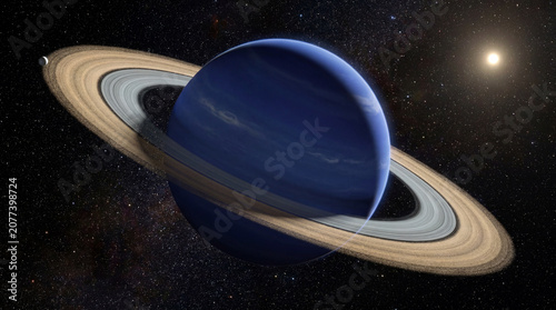 Ringed planet Neptune with Triton and the Sun in deep space