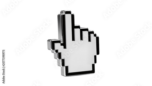 Pixelated hand cursor pointer with metallic chrome finish