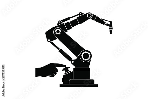 Industrial Robotic Arm with Human Hand Pressing Button Black Silhouette Artwork