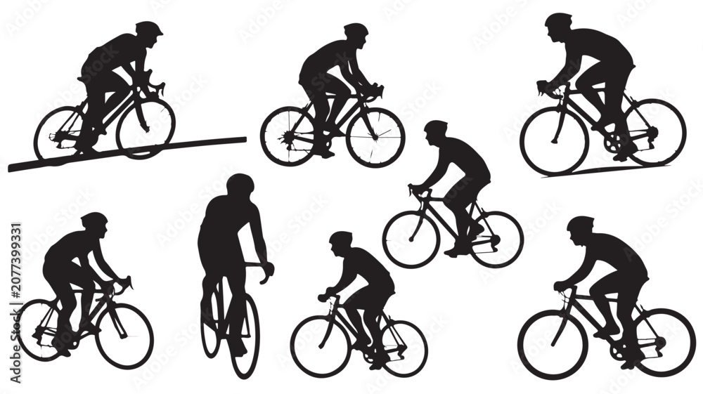 Obraz premium Cyclist silhouette set with 8 road bike riders, professional cycling athlete silhouettes, black bicycle racing figures on white background