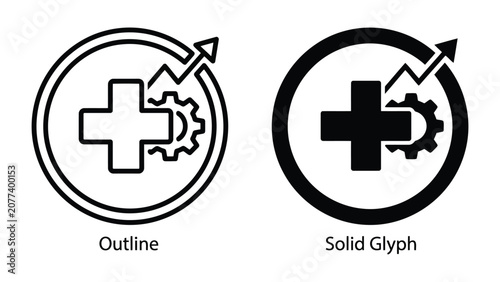 Medical cross icon inside circle with gear mechanism and rising arrow representing healthcare technology advancement in both outline and solid glyph vector styles for professional software design