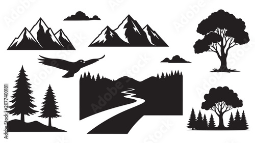 Vintage mountain landscape silhouettes set, black and white nature icons with pine trees and eagle, rustic wilderness vector elements for logo design