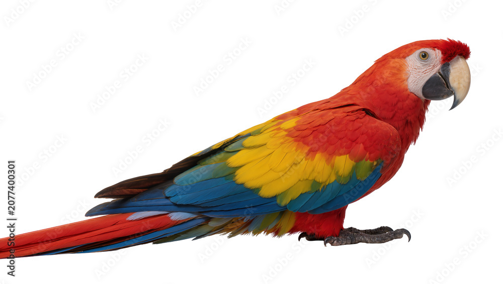 Obraz premium Scarlet Macaw parrot with vibrant red yellow, and blue feathers