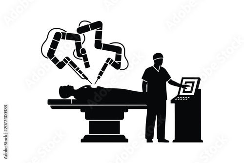 Robotic Surgery System Surgeon Controlling Robot Arms Operating on Patient Black Silhouette Artwork