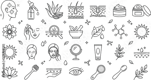 Organic skincare and natural cosmetics line icon set with face mask cream dropper bottle aloe vera dermatology elements
