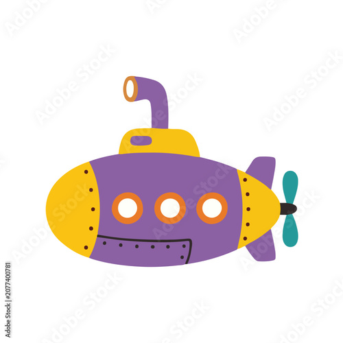 Foto Cute purple and yellow submarine underwater boat flat vector illustration for ki