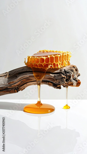 Closeup of Honeycomb with Honey Dripping on a Wooden Surface