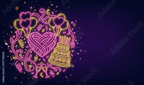 Golden Heart Ornament Glowing on Purple Background, Birthday and Celebration Design