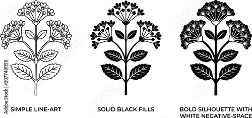 Botanical vector icon set featuring wildflower branch in line art solid black fill and negative space