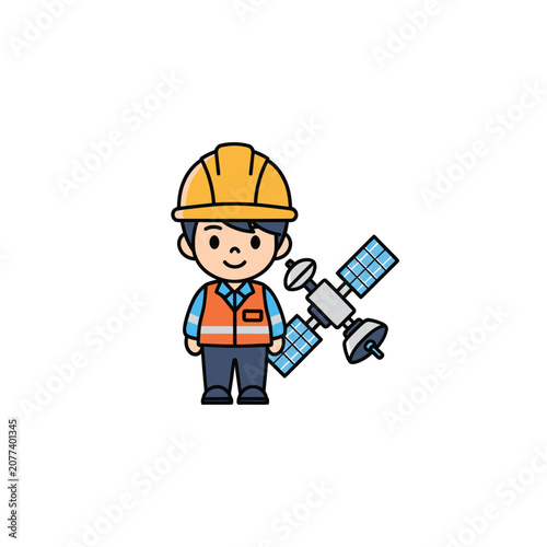 Tableau sur toile Cartoon man wearing hard hat with satellite.