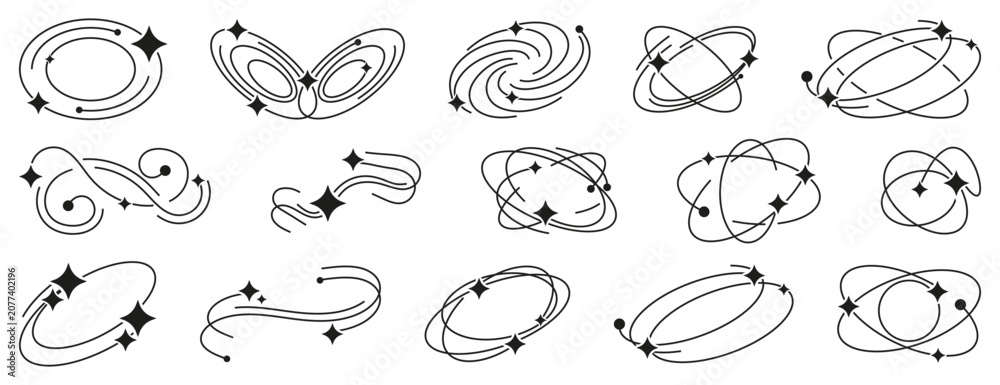 Obraz premium Cosmic orbit doodle collection in black. Set of galaxy, orbit, stellar, celestial and space motion symbols in sketch style