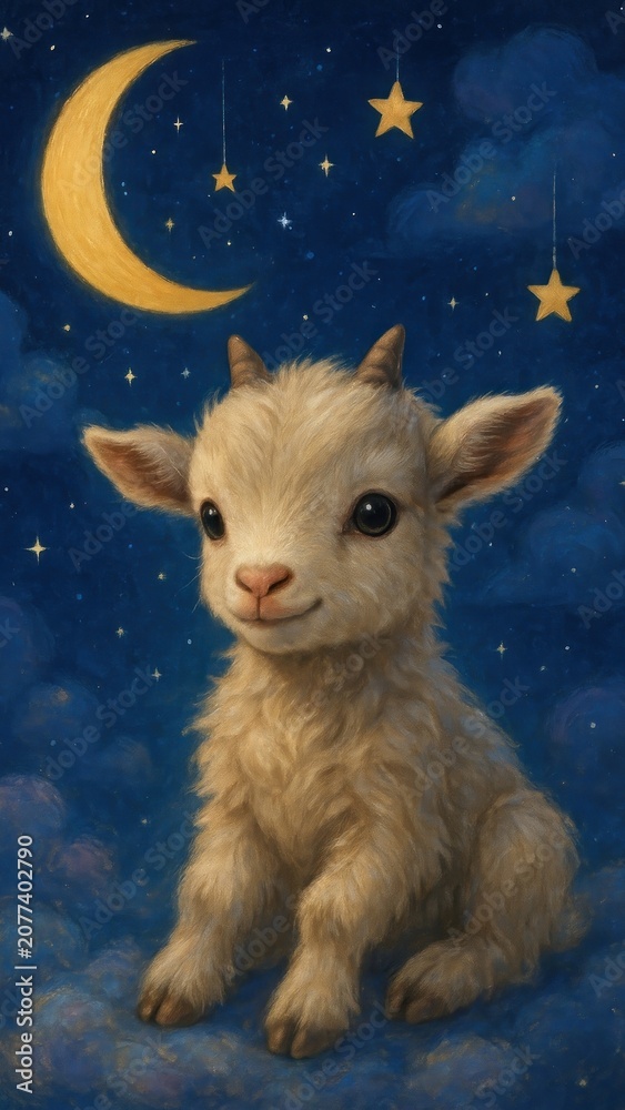 Fototapeta premium Adorable goat under starry sky mobile wallpaper