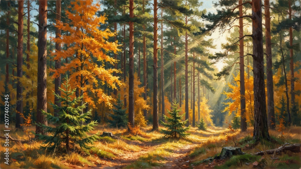 Obraz premium Sunlight filtering through autumn forest with golden leaves and pine trees