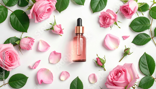 Elegant Rose Flower and Skincare Dropper Bottle Arrangement