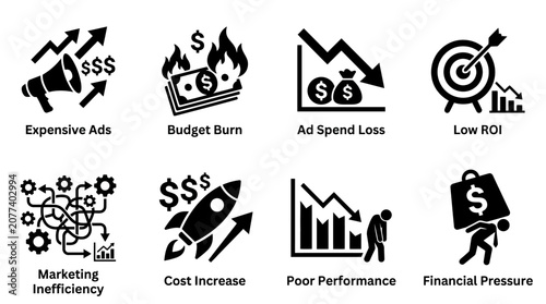 Marketing and financial performance icon vector collection featuring expensive ads, budget burn, ad spend loss, low ROI, cost increase, poor performance, and financial pressure concepts.