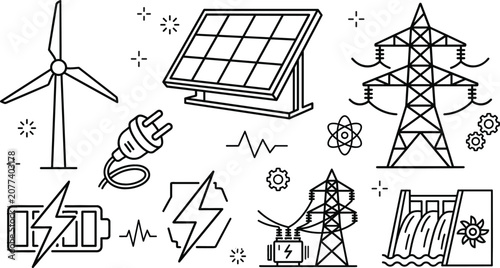 Photos Renewable energy and power generation line icon set featuring solar panel wind t