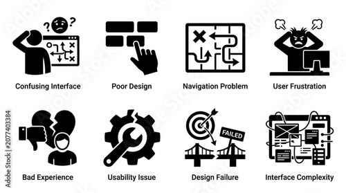 User interface and experience problem icon vector collection featuring confusing interface, poor design, navigation issue, user frustration, usability problem, design failure, and interface complexity