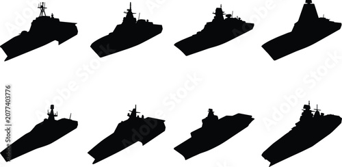 Bilde på lerret Modern Military Naval Warship Silhouette Collection Vector Set with Combat Ships