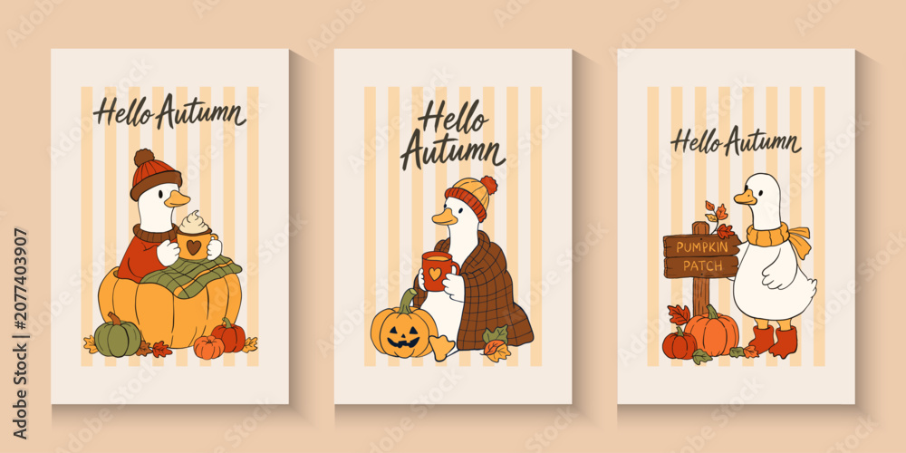 Fototapeta premium Autumn Silly Goose Cozy Fall.Set of trendy art style abstract autumn poster, cover, card with goose, beautiful leaves, fall silly goose reading Autumn bookish Trendy animal Doodle cartoon style