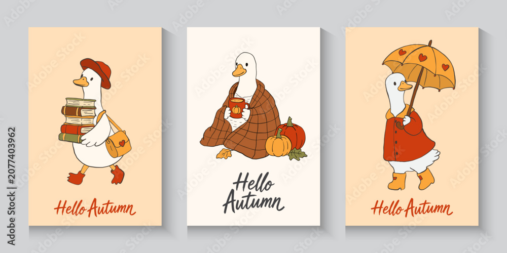 Fototapeta premium Autumn Silly Goose Cozy Fall.Set of trendy art style abstract autumn poster, cover, card with goose, beautiful leaves, fall silly goose reading Autumn bookish Trendy animal Doodle cartoon style