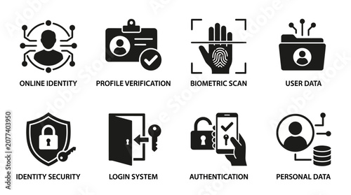 Cybersecurity and digital identity icon vector collection featuring online identity, profile verification, biometric scan, user data, login system, authentication, and personal data protection concept