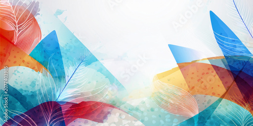 Abstract colorful watercolor background with translucent feathers and geometric shapes leaving large white copy space