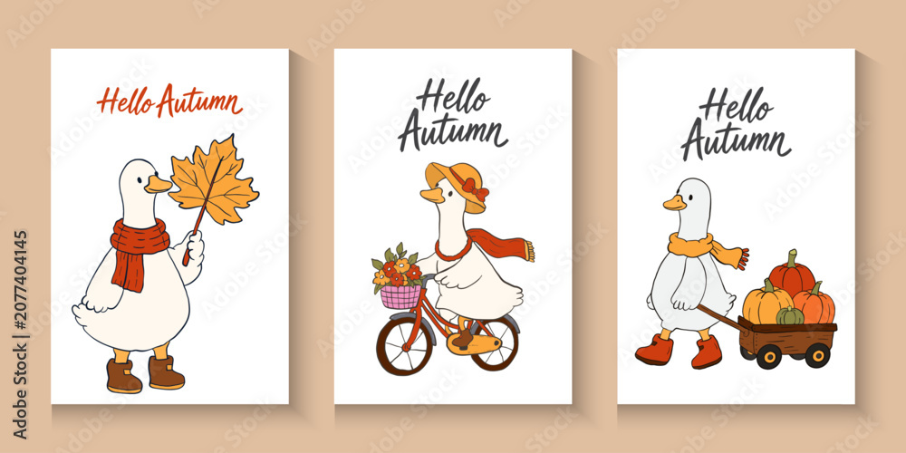 Fototapeta premium Autumn Silly Goose Cozy Fall.Set of trendy art style abstract autumn poster, cover, card with goose, beautiful leaves, fall silly goose reading Autumn bookish Trendy animal Doodle cartoon style