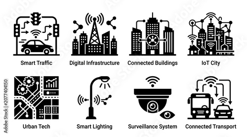 Smart city technology icon vector collection featuring traffic systems, digital infrastructure, connected buildings, IoT city, urban tech, smart lighting, surveillance, and transport for futuristic de