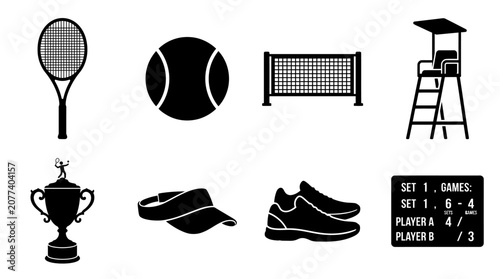 Tennis and sports icon vector collection featuring racket, ball, net, umpire chair, trophy, headband, shoes, and scoreboard for athletic, training, and competition design projects.