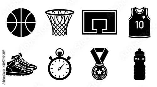 Basketball and sports icon vector collection featuring ball, hoop, jersey, shoes, stopwatch, medal, and water bottle for athletic, training, and competition design projects.