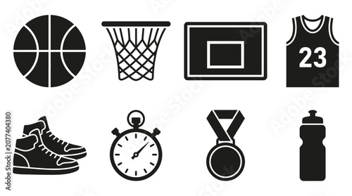 Basketball and sports icon vector collection featuring ball, hoop, jersey, shoes, stopwatch, medal, and water bottle for athletic, training, and competition design projects.