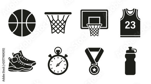 Basketball and sports icon vector collection featuring ball, hoop, jersey, shoes, stopwatch, medal, and water bottle for athletic, training, and competition design projects.