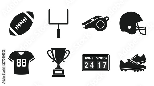 American football icon vector collection featuring ball, goalpost, whistle, helmet, jersey, trophy, scoreboard, and cleats for sports, competition, and athletic design projects.