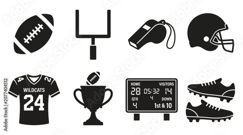 American football icon vector collection featuring ball, goalpost, whistle, helmet, jersey, trophy, scoreboard, and cleats for sports, competition, and athletic design projects.