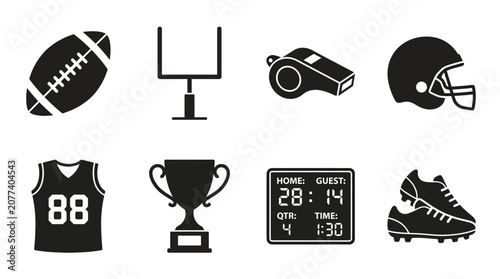 American football icon vector collection featuring ball, goalpost, whistle, helmet, jersey, trophy, scoreboard, and cleats for sports, competition, and athletic design projects.