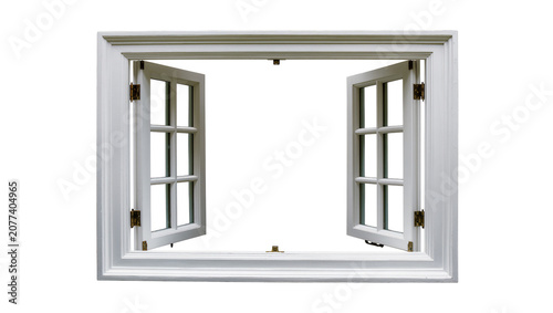 Obraz na płótnie Open white wooden casement window with glass panes