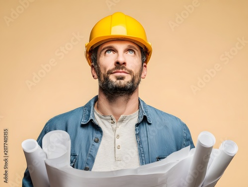Construction worker with blueprints looking up thoughtfully.