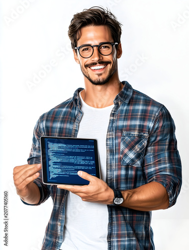Smiling young adult caucasian man programmer showing tablet with computer code isolated on white background
