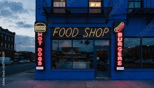 Exterior facade of a street food shop with neon signs at dusk, restaurant
