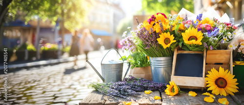 Sunflowers and lavender bouquets with a blank mockup chalkboard sign on a sunny street with copy space