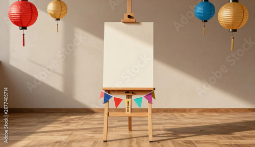 Empty wooden easel with blank canvas and colorful decorative festive lanterns