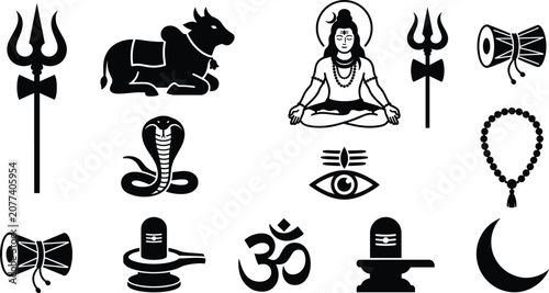 Lord Shiva religious icon set featuring trishul damru shivling om symbol and meditating deity vector
