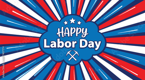 Foto Happy labor day graphic patriotic star spangled burst with tools silhouette isol