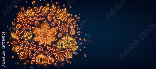 Orange Floral Pattern with Pumpkins on Dark Background, Halloween and Autumn Design